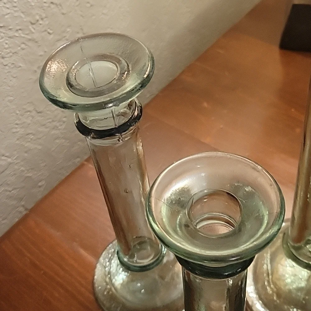 VTG Contemporary Recycled Green Glass Candlestick Holders Bud Vases Set